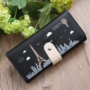 

Women Wallets Long 2 Zippers New PU Leather Wallet Cartoon Tower Buckle Female Multi-Card Long Paragraph Women Coin Purse