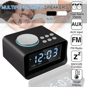 

Portable LED Digital Dual Alarm Mirror Clock bluetooth Bass Speaker FM Radio USB Charger Ports Music Player Snooze Temperature