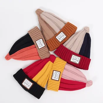 

Baby hats Children's knit hat autumn and winter new big standard color matching double 6-24 month baby wool cap kids beanies