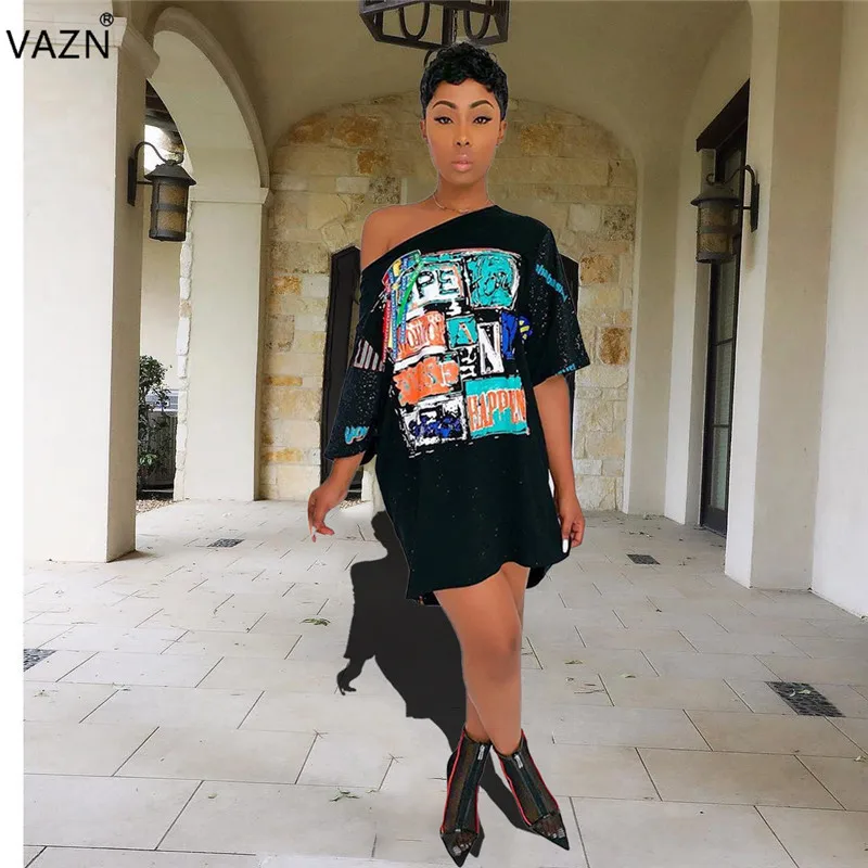 VAZN YH5060 Hot Nature High Street Young Lazy Casual Free Soft Fashion Black Energy Half Sleeve Women Straight Midi Dress