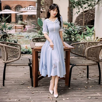 

2020 Summer New Arrival Hot Sale Retro Peter Pan Collar Flower Embroidery Short Sleeve Women Chiffon Long Dress