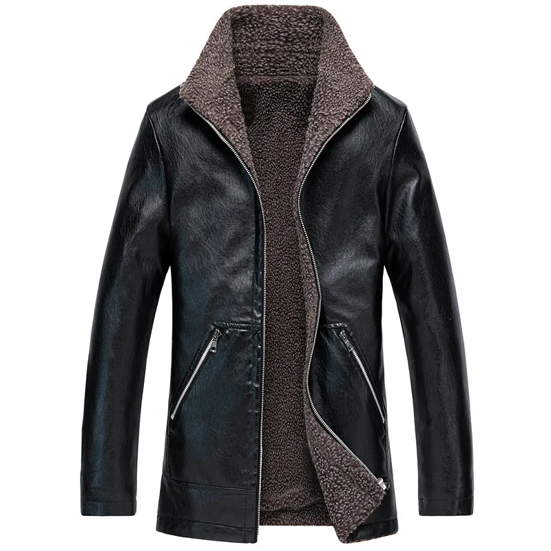 Мужские кожаные куртки, мужская куртка из искусственной кожи, повседневная, теплая зимняя куртка с меховым воротником, большие размеры M-8XL - Цвет: Черный