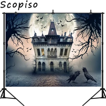 

Scopiso Vinyl Photography Backdrop Halloween Horror House Night Moon Crow Background Customize Decoratio