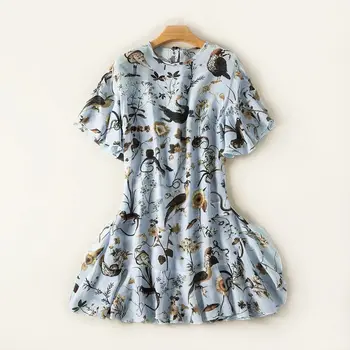 

New Women Bird and Flower Print Summer Dress Back Bow Short Sleeve Fresh Mini Dress
