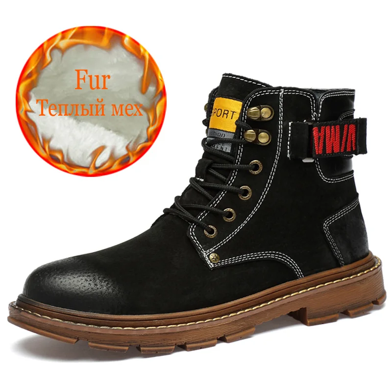 Fur Black Г. Брендовые зимние мужские ботинки теплые мужские зимние ботинки из толстого плюша мужские Ботильоны ручной работы водонепроницаемые Нескользящие мужские мотоциклетные ботинки - Цвет: Fur Black