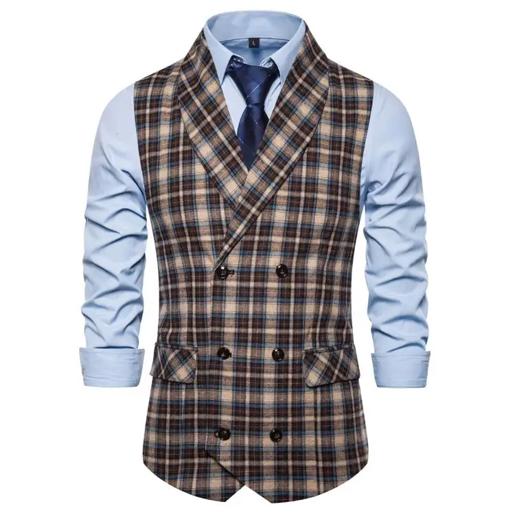 Coffee Plaid 9728 Клетчатый мужской жилет, повседневный зеленый фруктовый воротник, сценические костюмы, Мужская одежда, костюмы, двубортные жилеты, жилеты для мужчин - Цвет: Coffee Plaid 9728