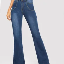 Осенние женские эластичные свободные джинсы больших размеров с карманами и пуговицами, джинсы с высокой талией, повседневные женские джинсы с карманами и пуговицами