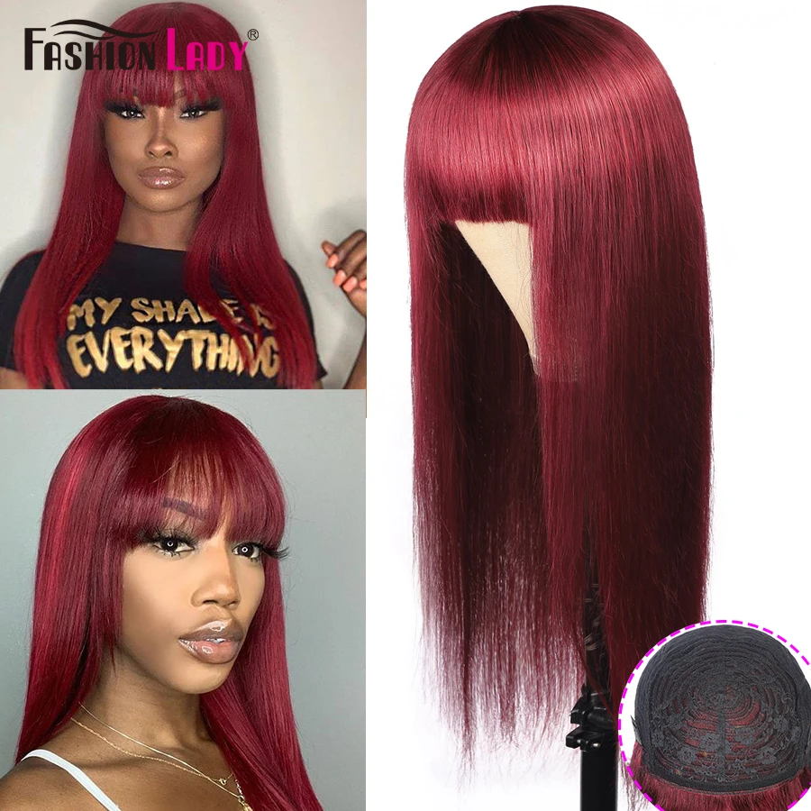 Fashion Lady Straight Human Hair Wigs For Women Brazilian Hair 99j# Wig With Bangs Human Hair Wig With Bangs Remy Hair Wig