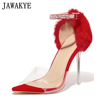 

Clear PVC Fur Sandals Women Crystal buckle Bling Women Sandals High Heels Buckle Strap Gladiator Sandals Rhinestone shoes
