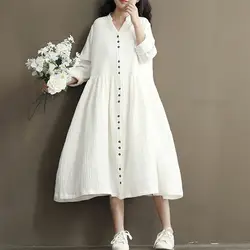Женское хлопковое льняное белое синее платье миди со стоячим воротником и v-образным вырезом, свободные платья с длинным рукавом и