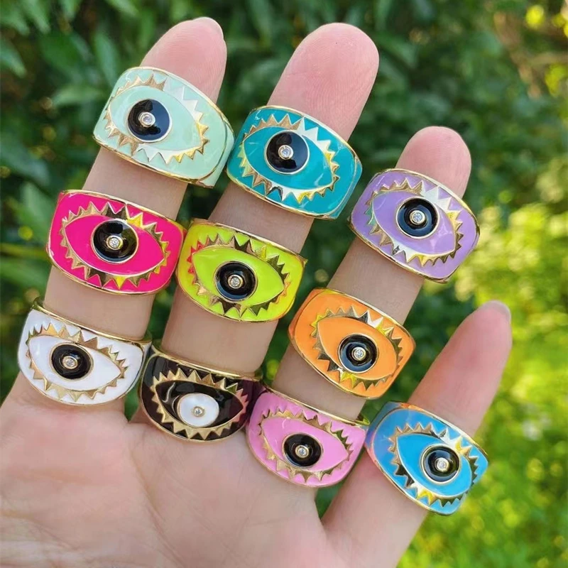 Zircon Crystal Enamel Gold Color Adjustable Fashion Blue Eyes Rings For