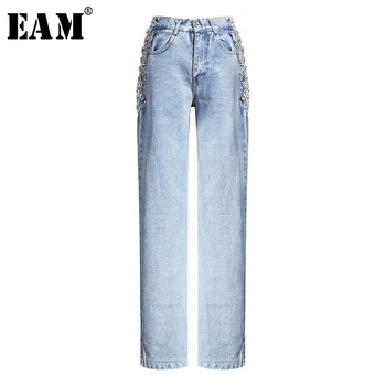 

[EAM] Blue Hollow Out Bandage Long Wide Leg Jeans New High Waist Loose Women Trousers Fashion Tide Spring Autumn 2020 1U317