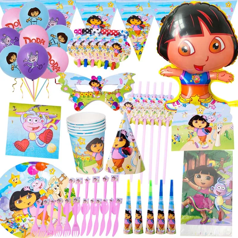 

Cartoon Dora Girl Birthday Party Decoration Disposable Foil Balloon Plate Cup Flag Boy Baby Shower Party Supplies Kids Gift
