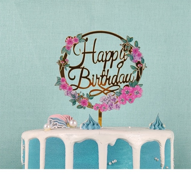 Flowers Happy Birthday Cake Topper Gold Colored Printing Acrylic Cake Topper For Kids Girls Birthday Party Cake Decorations