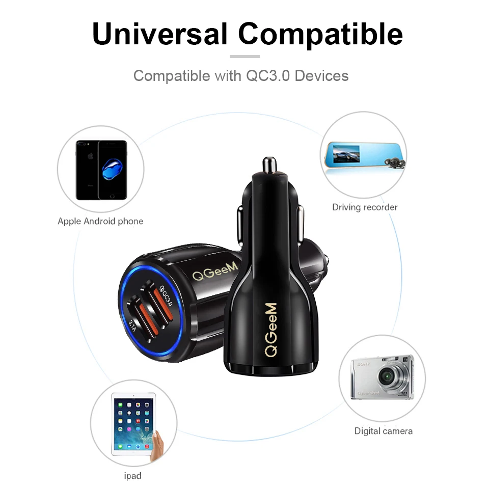 QGEEM Dual USB QC 3.0 Car Charger Quick Charge 3.0 Phone Charging Car Fast Charger 2Ports USB Portable Charger for iPhone Xiaom