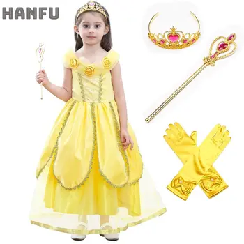 

The Beauty and Beast Costume with Crown Wand Princess Belle Costumes Deluxe Party Dresses Fancy Yelllow Belle Dress Up For Girls