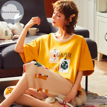 

Summer Short Sleeved Knitted Cotton Women's Pajama Set Cute Girls Cartoon Nightgowns Pants Pajama Sets Sleepwear Pyjamas Fashion