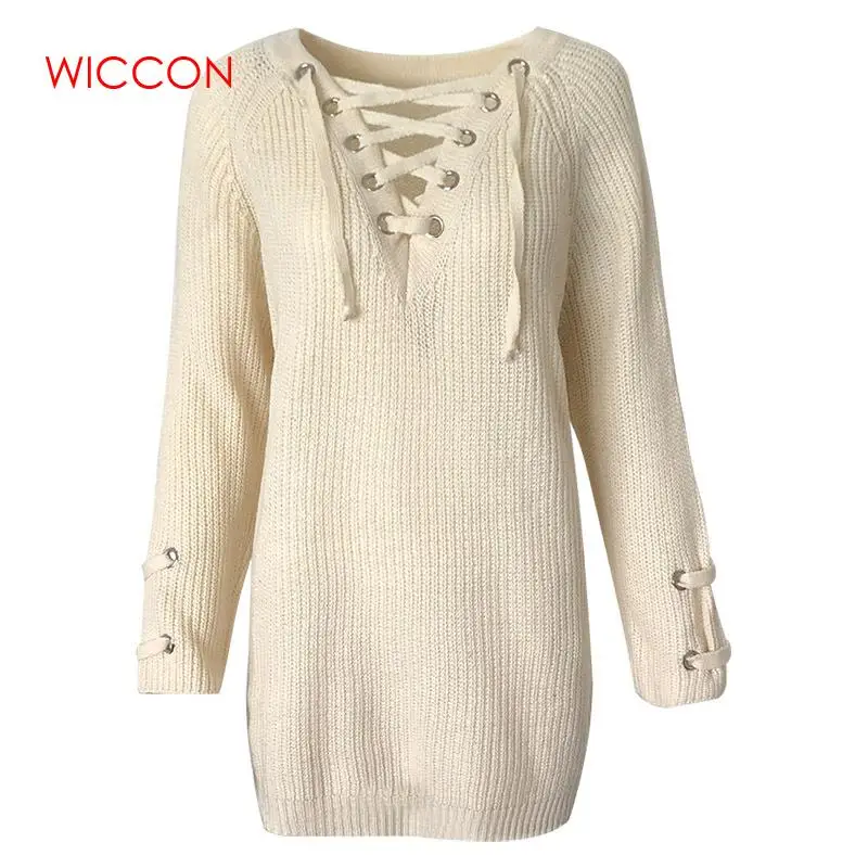 

Autumn Christmas Sweater Pullovers Women Knitted Lace-up Sweaters Striped Bandage Knitwear Loose Casual Long Jumpers female