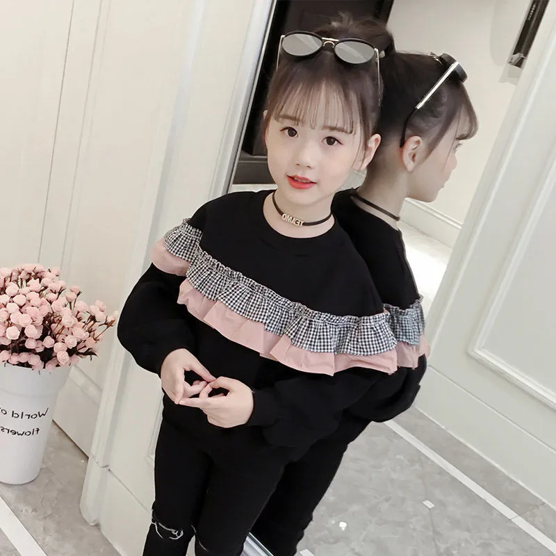 

Ruffles Patchwork Cotton Hoodies Sweaters Little Big Girls Warm Long Sleeve Tops For Kids Outerwear Sweatshirts Pullovers Girl