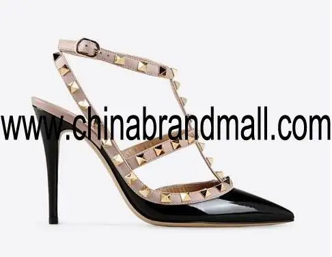 

Hot Sale-Designer Pointed Toe 2-Strap with Studs high heels Patent Leather rivets Sandals Women Shoes valentine 10cm high heel