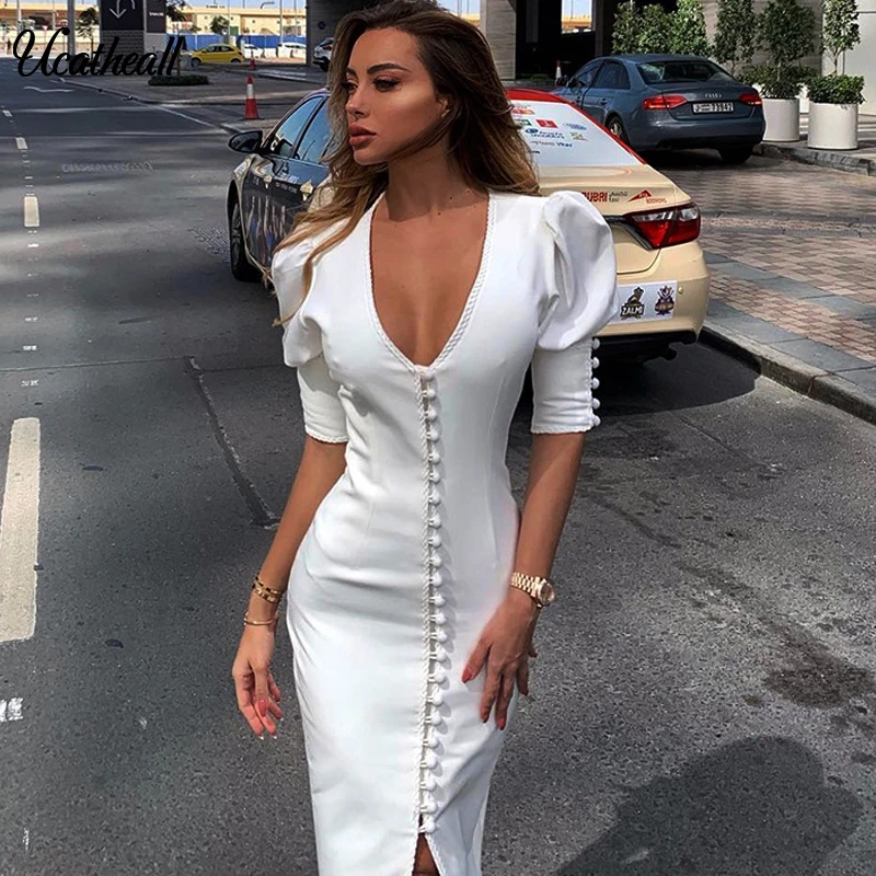 

Single Cloth Button V Neck Dress Sexy Summer Lantern Shoulder Short Sleeve Dress Women Female Party Midi Dress