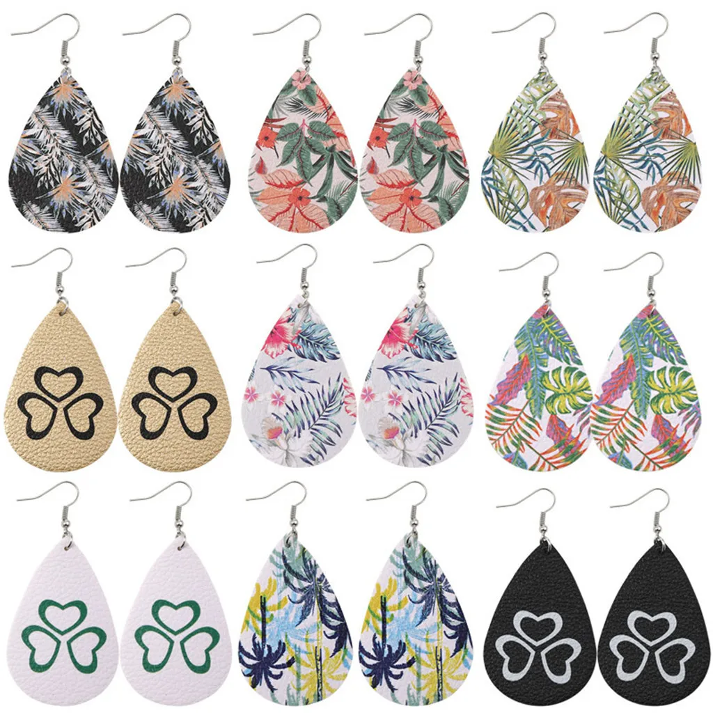 

New Trendy Drop-shaped Ethnic Printed Leather Earring Retro Print Dangle Drop Earring for Women Pierced Bohemia Earring Jewelry