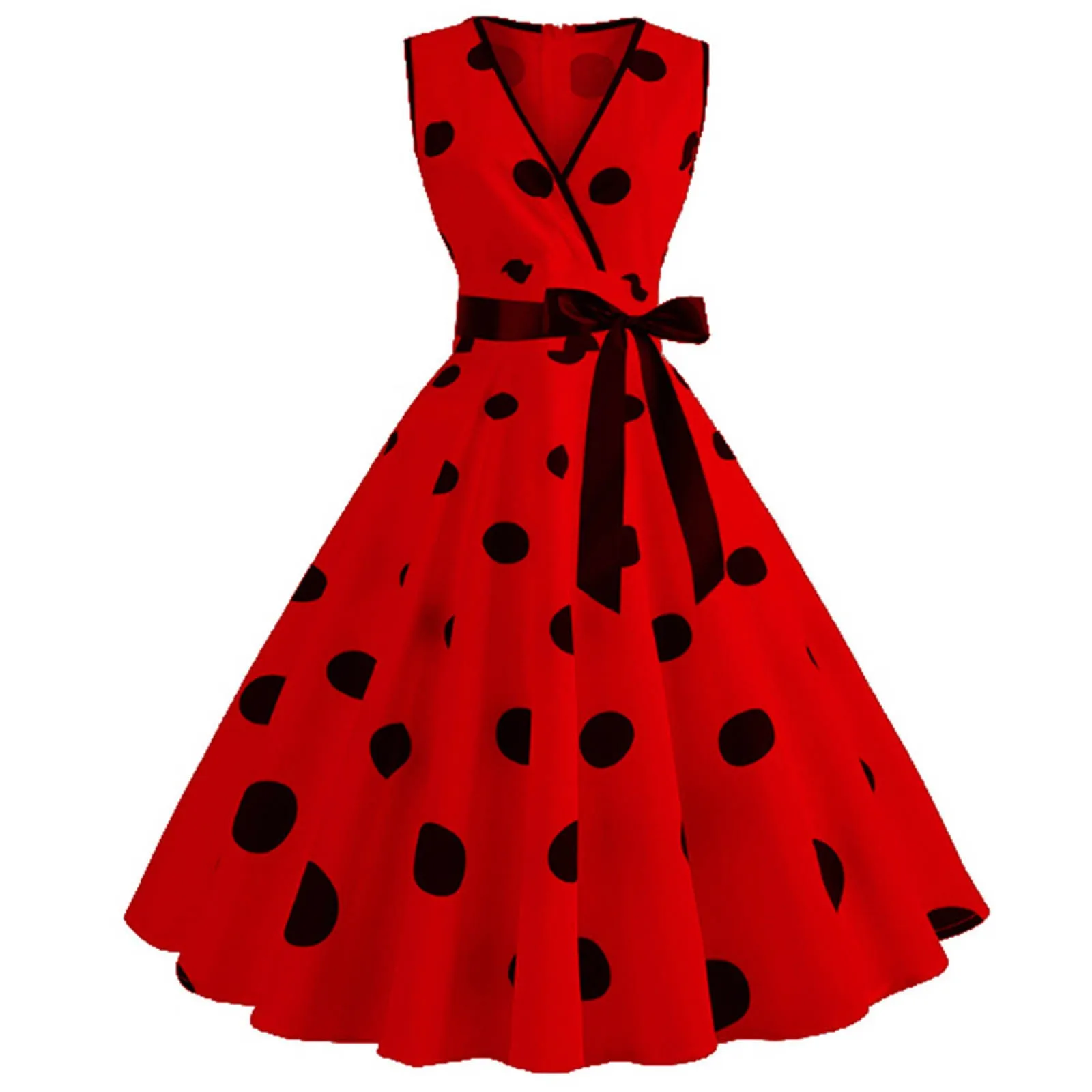2021 Women's Dress Dot Printed Retro Rockabilly With Cap Sleeveless V-neck Hepburn-Style Cocktail Dress Vintage vestido mujer 2