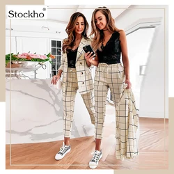 Ternos femininos xadrez ternos profissionais primavera outono 2021 moda feminina calças casuais definir escritório commuter fino encaixe topo