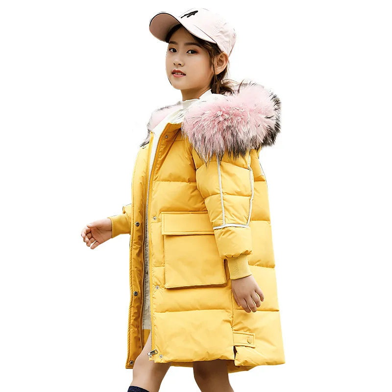 

Winter Children Thickening Warm Down Jackets Girls Fashion Fur Collar Hooded Long Coats Kids Clothing Winter Outwear Jacket