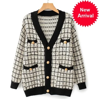 

Fashion V-neck Women's Chic Single Breasted Knit Cardigans Female Thick Keep Warm Swallow Gird Plaid Sweater Outerwear