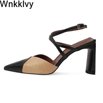 

Summer pointed toe high heels shoes Women patchwork sandals real leather pumps sexy ankle corss strap dress sandalias 2020