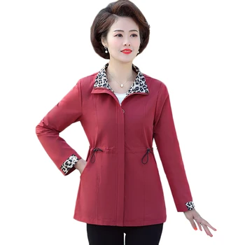 

Middle-aged Women Trench Coat Spring Autumn New Stand Collar Plus Size 5XL Zipper Coat Mother Clothes Thin Female Windbreakers