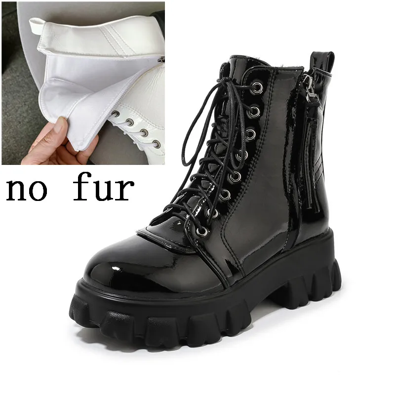hei no fur YMECHIC/короткие ботинки из искусственной лакированной кожи со шнуровкой на молнии; женская обувь на платформе; цвет черный, белый; зимние кроссовки; армейские ботильоны - Цвет: hei no fur