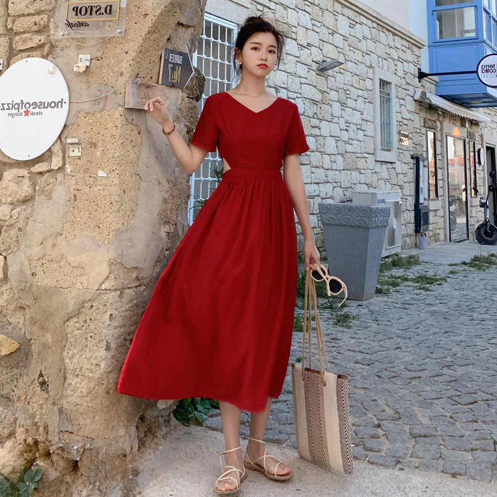

INS Korean-style Charade Fashionable A- line Skirt 2019 Summer New Style WOMEN'S Dress French Vintage V-neck Waist Hugging Dress