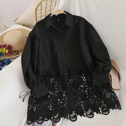 Neploe, модная женская блузка, платье, осень, новая Корейская рубашка, открытая кружевная Лоскутная блуза, блузки средней длины, Blusas Top 55743 - Цвет: black