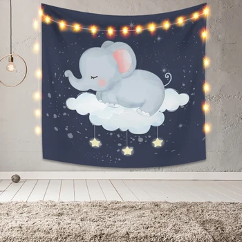 

Cassisy Cartoons Tapestry Wall Hanging Cute Elephant sitting on the cloud Childroom Home Decor Rainbow Star Wall Carpet Cloth