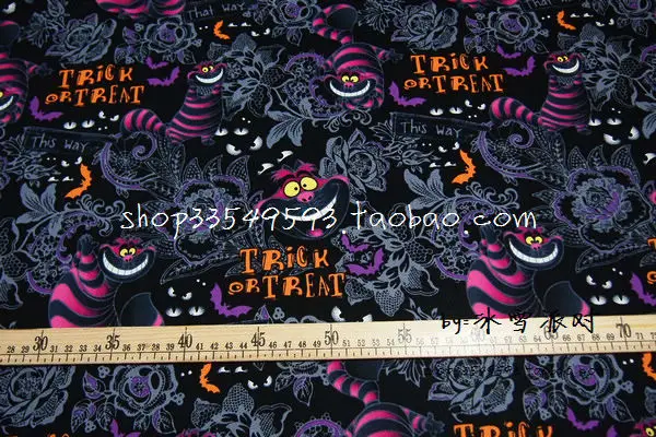 140cm Width Alice in Wonderland Cheshire Cat Trick or Treat Cotton Fabric for Baby Clothes Bags Halloween Decoration DIY-BK666