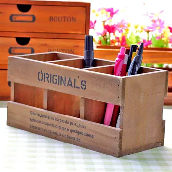 

Three Grid Wood Storage Box Retro Pen Holder Cosmetics Container Desktop Sundries Organizer Home Decor Wooden Storage Holder