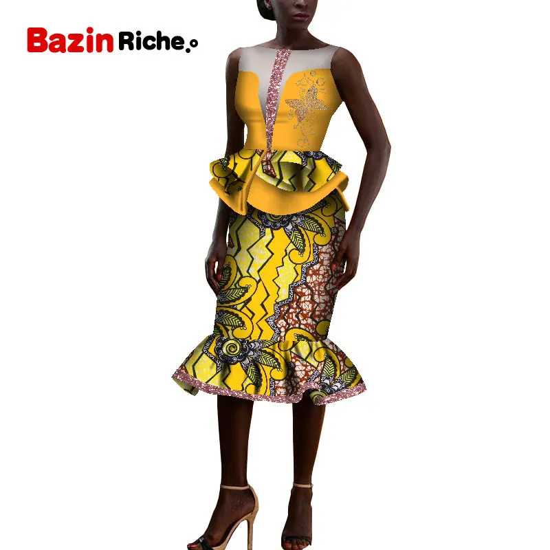 Африканская Дашики, одежда, элегантная женская юбка, комплект femme Bazin Riche, хлопок, плюс размер, два предмета, горячая буровая отделка, wy5403