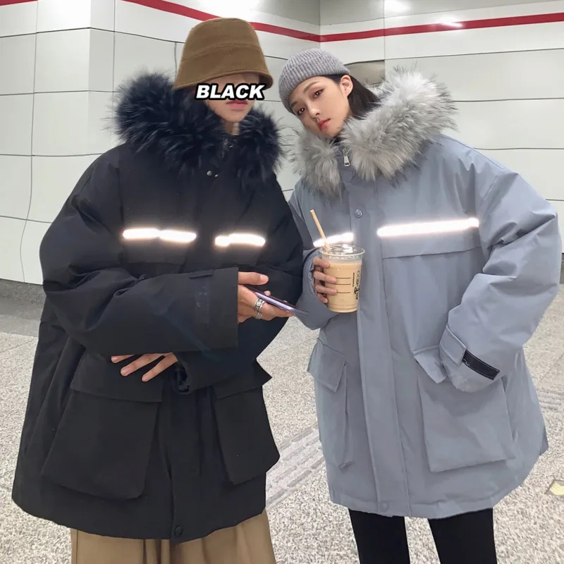 

Winter Thick Reflective Jacket Men's Warm Fashion Casual Fur Collar Hooded Coat Men Parka Loose Korean Short Coat Mens Clothes