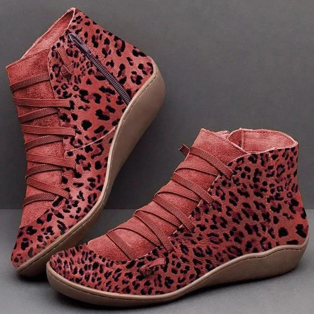 

2020 Spring Winter New Womens New Casual Flat Leopard Print Lace-up Zipper Round Toe Shoe Ankle Boots 2020 women boots#O15