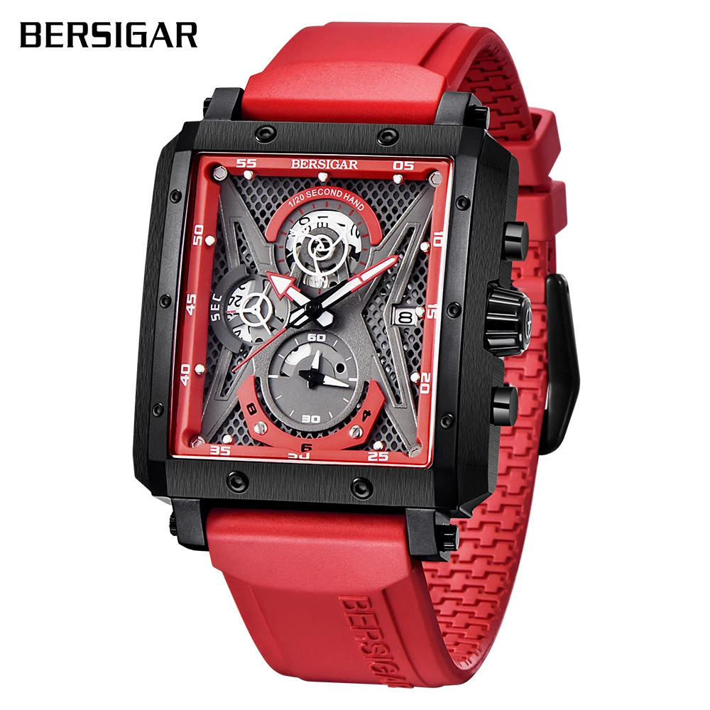Rectangular relojes para hombres BERSIGAR hombre reloj en forma de barril Tipo de cuarzo moda de lujo impermeable de los deportes de cronógrafo correa de silicona