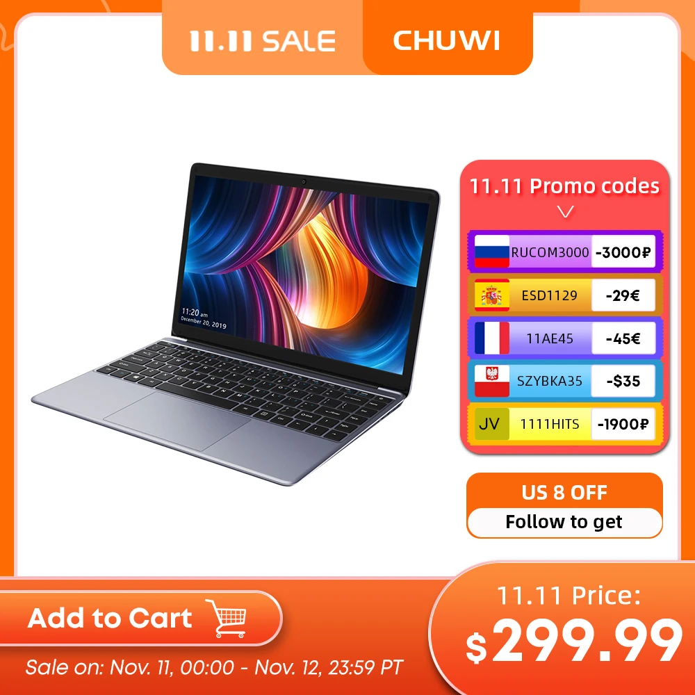  CHUWI HeroBook Pro 14,1-дюймов экран FHD Intel Celeron N4020 Двухъядерный UHD Graphics 600 GPU 8GB RAM 256GB SSD ноутбук с Windows 10 