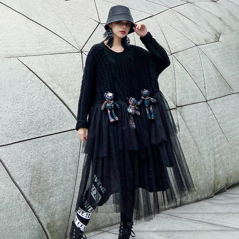 CHICEVER Patchwork Mesh Cartoon Knitted Sweater Women O Neck Long Sleeve Oversize Thick Pullovers Female Fashion Clothes