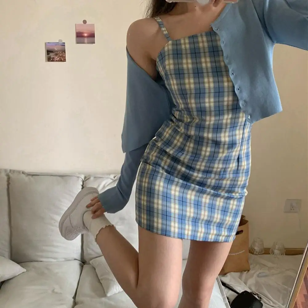 Sexy Blue Plaid Spaghetti Strap Mini 
