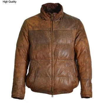 

Russia winter leather jacket men vintage Italy sheepskin genuine leather down coat men's stand collar do old down jacket brown