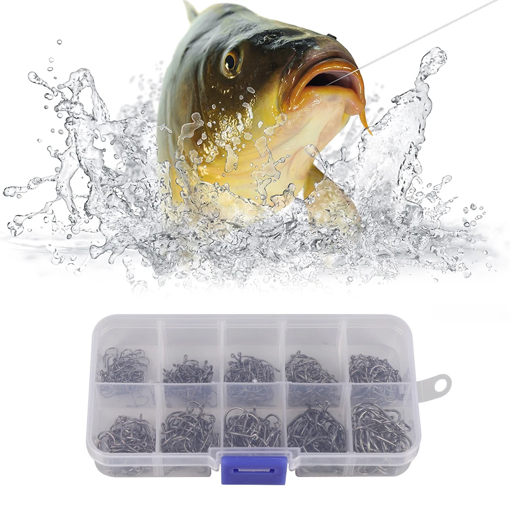 

500PCS 10 Sizes Carbon Steel Fish Jig Hooks with Hole Carp Fishing Hook with Tackle Box Suitable for Fishing Aggressive Fishes