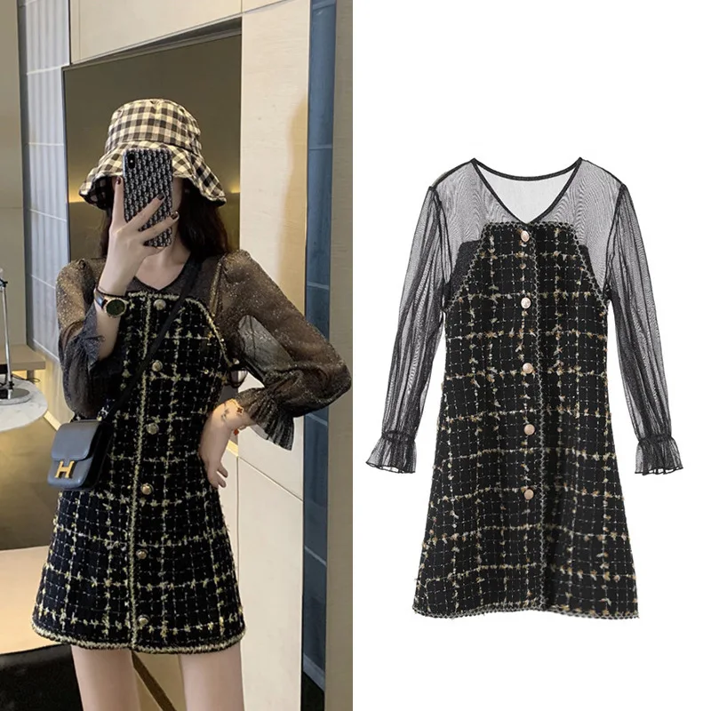 

New socialite small sweet wind gauze v neck plaid splicing temperament woolen cloth G0955 a line dress