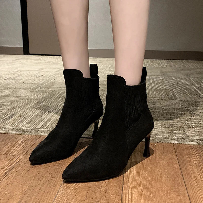 

Short Boots Women's Thin Heeled Thin Boots 2019 Autumn New Style Pointed High Heels Stretch Boots Sexy Martin Boots