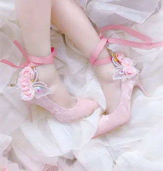 

Shoes Lolita Red Wind Butterfly Velvet Women's Shoes Stiletto High Heels Single Shoes Straps 2020 Spring and Summer Pointed